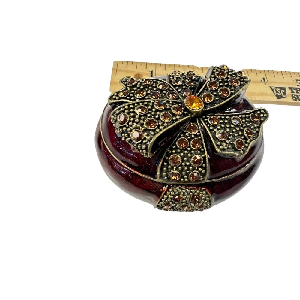 Round Burgundy Trinket Jewelry Box with Rhinestone Bow Accent Display Decor